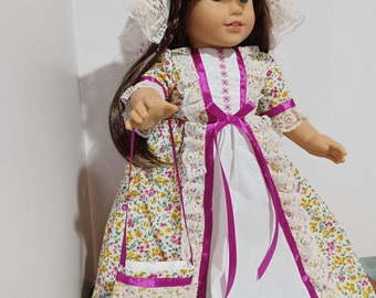 American Made 18" Girl Doll Clothes Yellow Floral N Raspberry Print Colonial Doll Dress Mop Cap N Pantaloons fits 18 inch Dolls