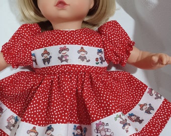 10" 12" 14" American Made Smaller Girl Doll Clothes Red Dots N Monkey Print Ribbon Dress with panties Fits smaller Girl Baby Dolls