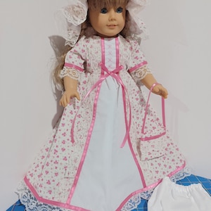 American Made 18" Girl Doll Outfit Pink Floral Colonial Doll Dress Mop Cap N Pantaloons fits 18 inch Dolls