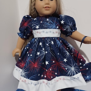 American Made 18&quot; Girl Doll Clothes Red White N Blue Star Burst Patriotic Print Party Doll dress Fits 18&quot; Dolls