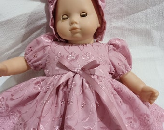 14" to 16" American Made Girl Mauve Pink Border Eyelet Baby Doll Dress Bonnet and Panties fits 14" 15" 16" Baby Dolls