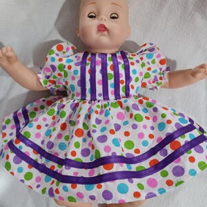 10&quot; 12&quot; to 14&quot; American Made Smaller Girl Baby Doll Clothes Colorful Dots N Purple Ribbon Doll Dress N Panties  fits Smaller Baby dolls