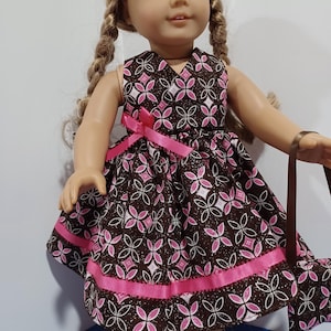 18&quot; American Made Girl Doll Clothes Brown N Hot Pink Floral Print N Glitter Doll Dress N Shoes fits 18 inch dolls