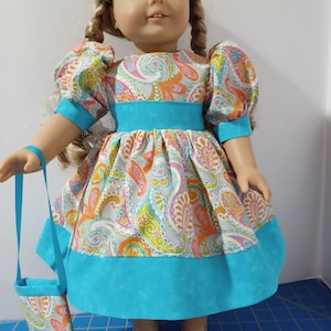 American 18&quot; Made Girl Doll Clothes Turquoise Paisley Print Classic Doll Dress 18 inch Dolls
