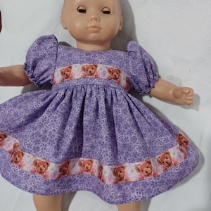 American Made 15&quot; 16&quot; Girl Baby Doll Clothes Lavender Floral N Pink Bear Ribbon Doll Dress with panties Fits 14&quot; to 16&quot; dolls
