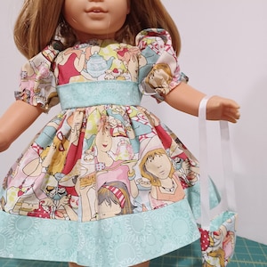 American 18&quot; Made Girl Doll Clothes Aqua N Tea Party Dessert Print Classic Doll Dress 18 inch Dolls