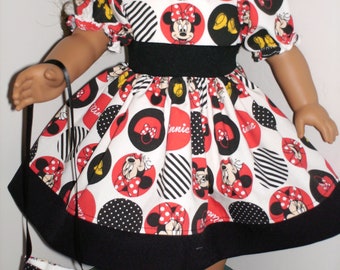 American Made 18" Classic Girl Doll Clothes Red Black N White Mouse Print Doll Dress fits 18 inch dolls