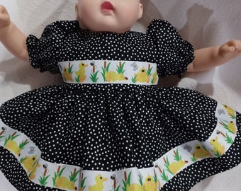 American Made 10" 12" to 14" Smaller Girl Doll Black N White Dot N Little Duck Ribbon Baby Doll Dress with panties Fits smaller  Baby Dolls