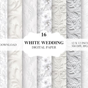 Elegant Wedding Digital Paper | 16 Printable PNG Sheets | White Wedding Paper for Wedding Invitations, Scrapbooking, 3D Flowers