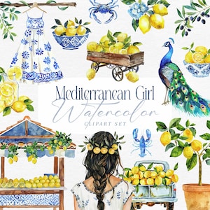 Watercolor lemon clipart, Amalfi coast lemons, Sorrento, Positano, Capri, Mediterranean tiles illustrations, Mediterranean girl hand painted