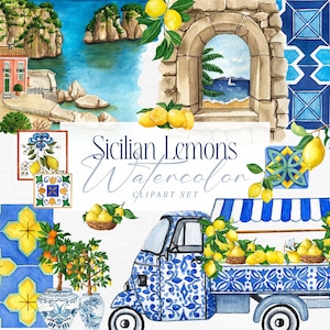 Watercolor lemon clipart, Amalfi coast lemons, Sorrento, Positano, Capri, Mediterranean tiles illustrations, Sicilian lemons, hand painted