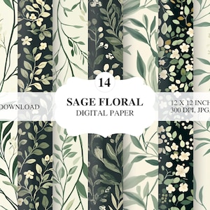 Carta Digitale Fiori e Foglie Verde Salvia | 14 Fogli PNG | Sage Flowers and Leaves Paper | Scrapbooking, Inviti Matrimonio, Packaging