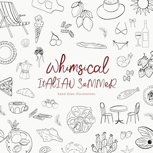 Whimsical Hand Drawn Clipart, Italian Summer line art Icons, La Dolce Vita, Italian Food SVG Illustrations for Coastal Wedding Invitations