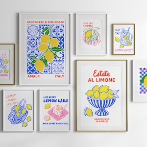 Set di stampe limoni di Amalfi, Costiera Amalfitana, poster limoni retrò, poster estate, illustrazioni agrumi e piastrelle mediterranee