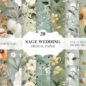 Sage Green Floral Wedding Digital Paper | 20 PNG Sheets | Sage Wedding Paper for Wedding Invitations, Scrapbooking, Packaging and Gift Wrapping