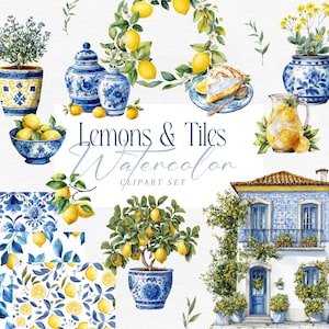 Watercolor lemon clipart, Amalfi coast lemons, Sorrento, Positano, Capri, Mediterranean tiles illustrations, Sicilian lemons, hand painted
