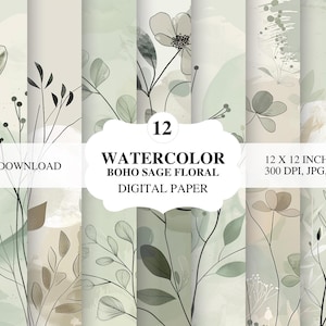 Carta Digitale Verde Salvia Fiori Boho Acquerello | Floral Pattern | Boho Watercolor Sage Paper | Scrapbooking, Inviti Matrimonio, Packaging