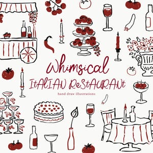 Set icone disegnate a mano Italia, clipart cibo italiano, menu matrimonio ristorante italiano, illustrazioni la Dolce Vita, cucina italiana