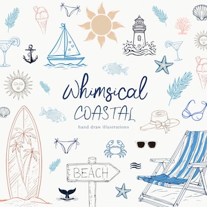Coastal clipart pack, hand drawn whimsical illustrations, for wedding invitations and decorations sea, ocean, beach theme, summer nautical