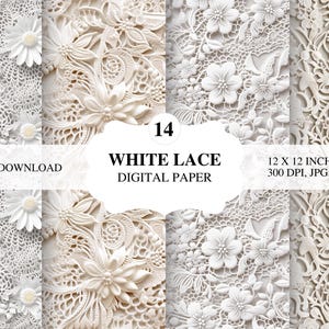 White Lace Wedding Digital Paper | Scrapbooking, Invitations, Elegant 3D Graphics, Gift Wrapping Paper | Instant Download | Flower Paper Sheets