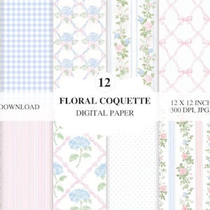 Carta Digitale Coquette Floreale | 12 Fogli PNG a Fantasia Colori Pastello | Carta Regalo, per inviti, scrapbooking, decorazioni, packaging