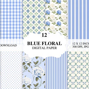 Clipart fiori estivi blu polvere, carta digitale stampabile, clipart fiori acquerello pastello, fiori matrimonio, pattern ripetibili fiori