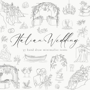 Italian Wedding Clipart, La Dolce Vita, Minimalist Line Art, Hand Drawn Wedding Invitation Icons, Whimsical Wedding Icons