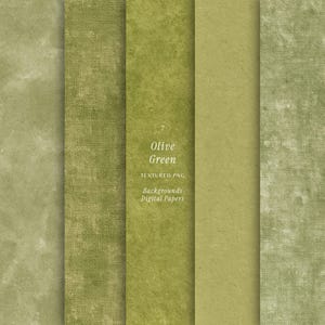 May include: A collection of five vertical panels featuring various olive green textures, including fabric, paper, and mottled surfaces. The central panel displays the text: 7 Olive Green TEXTURED PNG Backgrounds Digital Papers.