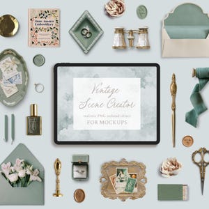 May include: An assortment of vintage-themed objects, including a book, jewelry, stationery, and a tablet with the text "Vintage Scene Creator." The color palette includes muted greens, gold, and cream, creating an elegant and nostalgic aesthetic.