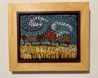 Original Canadian Yarn painting 11"x 13" Art - Framed Prairie Landscape Embroidery - Framed Textile Wall Art- Autumn Scene Stitched Art