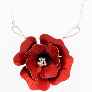 Poppy Necklace – Red Flower Necklace -Aluminum and Silver Jewelry by Mandy Allen