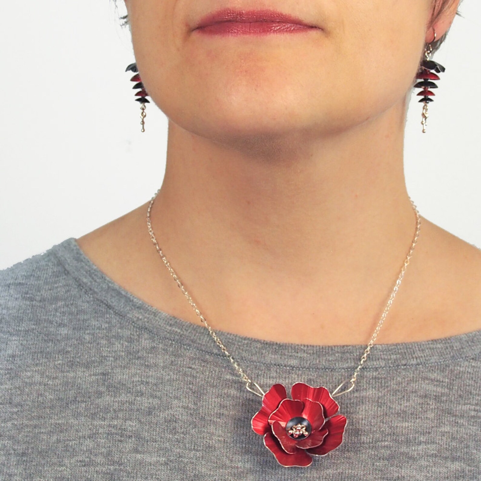 Poppy Necklace Red Flower Necklace aluminum and Silver Etsy