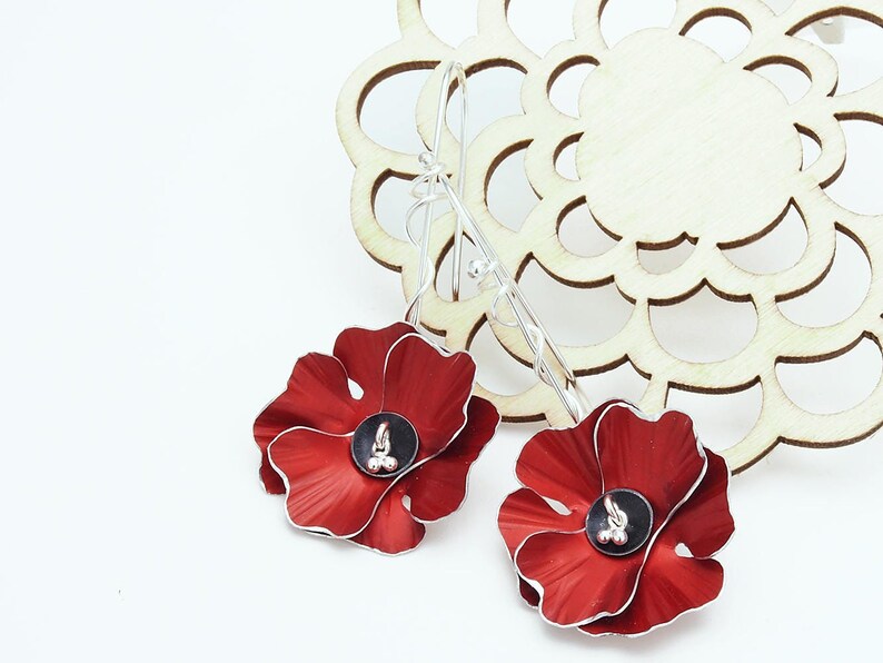 Poppy Flower Earrings Statement Earrings Silver and Anodized Aluminum