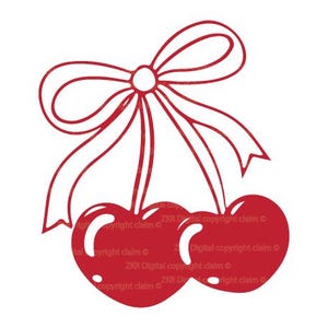May include: Two red cherries with a white bow tied around their stems. The cherries are drawn in a simple, cartoon style.