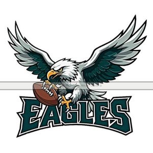 Könnte beinhalten: Stilisierte Illustration eines Adlers mit ausgebreiteten Flügeln, der einen braunen Football hält. Der Adler ist weiß und grau mit gelbem Schnabel und Krallen. Das Wort "EAGLES" ist in grünen und weißen Buchstaben geschrieben.