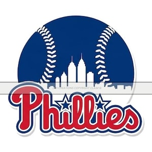 May include: A baseball-themed graphic featuring the Philadelphia Phillies logo. The design includes a blue baseball shape with white stitching, a skyline silhouette, and the team's name in red and blue with star accents.