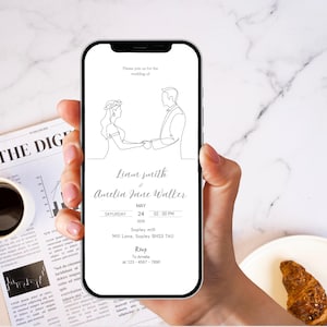 Line illustration wedding electronic invitation template, digital invite, modern invitation, editable invitation template