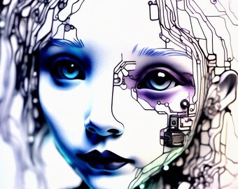 Könnte beinhalten: Eine Nahaufnahme eines Frauen Gesichts mit einem digitalen Overlay. Das Overlay besteht aus Linien und Schaltkreisen und bedeckt einen Teil ihres Gesichts. Ihre Augen sind blau und ihre Lippen sind lila.
