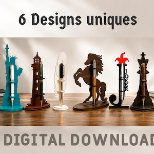May include: Six laser-cut pen holder designs featuring the Statue of Liberty, a lighthouse, a feather, a horse, a joker, and a chess piece. The text reads 6 Designs uniques, MATERIAL WITH 3MM, DXF, SVG, AI, EPS, PDF, DIGITAL DOWNLOAD, MODERN LASER FILES.
