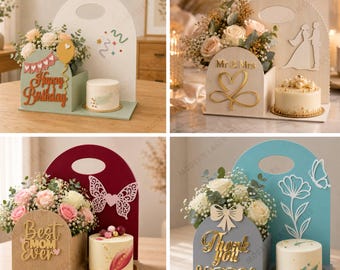 May include: A set of four laser-cut wooden cake and flower display stands featuring various designs including Happy Birthday, Mr & Mrs, Best Mom Ever, and Thank You. The files are provided in 3mm material thickness in DXF, SVG, AI, EPS, and PDF formats.