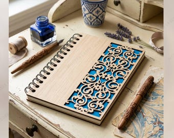 wooden notebook cover laser cut floral pattern, decorative journal cover, plywood notebook, digital laser cutting file svg dxf eps pdf png