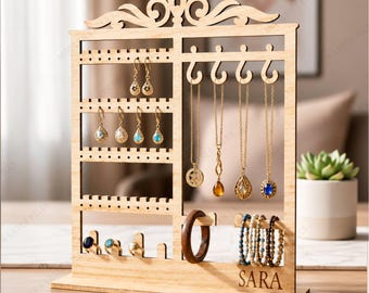 SVG File Laser Cut Wooden Jewelry Organizer, DXF Plan Earring and Necklace Display Stand, Digital Download