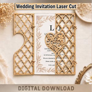 May include: A laser-cut wooden wedding invitation featuring a lattice pattern and a central heart cutout. The invitation includes a white card with floral borders and text. The design is compatible with 3mm material and includes DXF, SVG, AI, EPS, and PDF files for digital download.