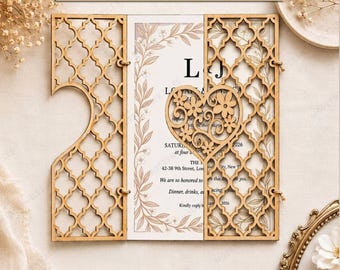 SVG file of a laser-cut wooden wedding invitation, DXF plan of a heart-shaped invitation (130x180mm), vector design by CNC router Glowforge.
