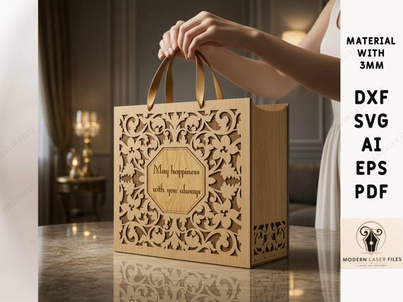 Luxury Wooden Gift Box, Laser Cut Wooden Gift Bag, Reusable Gift Packaging, Wedding Gift Box, Anniversary Gift, Elegant Wooden Keepsake Box