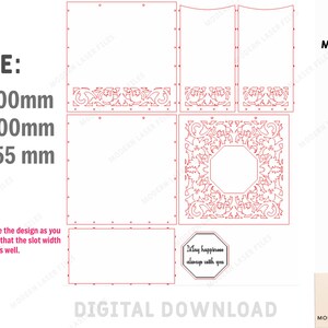 May include: A digital laser cutting file set featuring red outlines for a box with ornate floral patterns, including a panel with the text 'May happiness always with you'. Dimensions are 300mm L, 300mm h, 155mm d for 3mm material. Includes DXF, SVG, AI, EPS, and PDF formats.