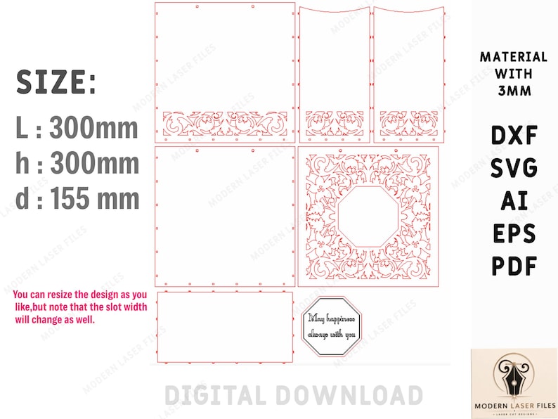 May include: A digital laser cutting file set featuring red outlines for a box with ornate floral patterns, including a panel with the text 'May happiness always with you'. Dimensions are 300mm L, 300mm h, 155mm d for 3mm material. Includes DXF, SVG, AI, EPS, and PDF formats.