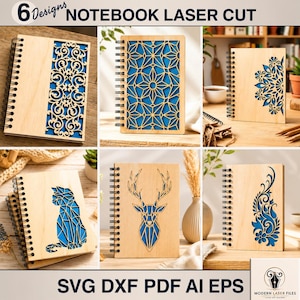 Op de afbeelding: Zes spiraalgebonden notitieboeken met lasergesneden houten covers met ingewikkelde ontwerpen zoals bloemen, geometrische vormen, een kat en een hert, met een blauwe achtergrondlaag. Tekst: 6 Designs NOTEBOOK LASER CUT.