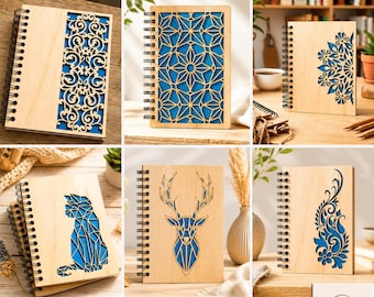 6 Laser Cut Notebook Cover Designs SVG Bundle | Wooden Journal Cover DXF Files | CNC Laser Cut Templates | Glowforge LightBurn xTool Files