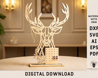 Deer Jewelry Organizer SVG, Laser Cut Earring Holder DXF, Wooden Jewelry Stand, Necklace Display, CNC Laser Files